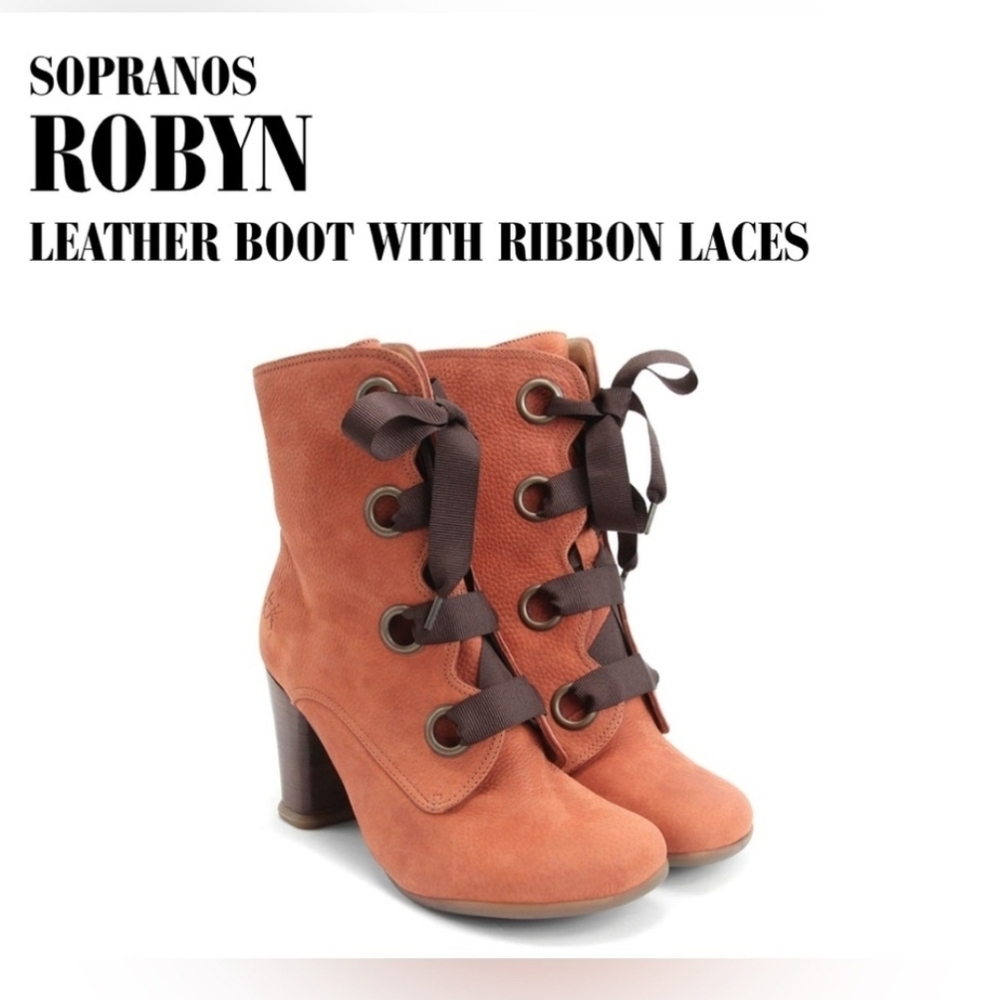 FLUEVOG Sopranos ROBYN Rusty Orange Heeled Boots with Ribbon Laces